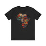 Continent of Africa Tee Shirt featuring an abstract African mask within a mosaic-style Africa map. A bold Afrocentric top celebrating Black culture, heritage, and identity, perfect for unique gifting.