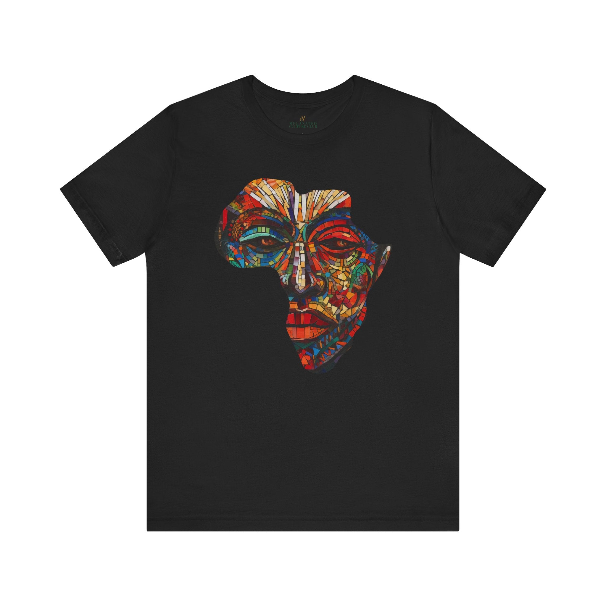 Continent of Africa Tee Shirt featuring an abstract African mask within a mosaic-style Africa map. A bold Afrocentric top celebrating Black culture, heritage, and identity, perfect for unique gifting.