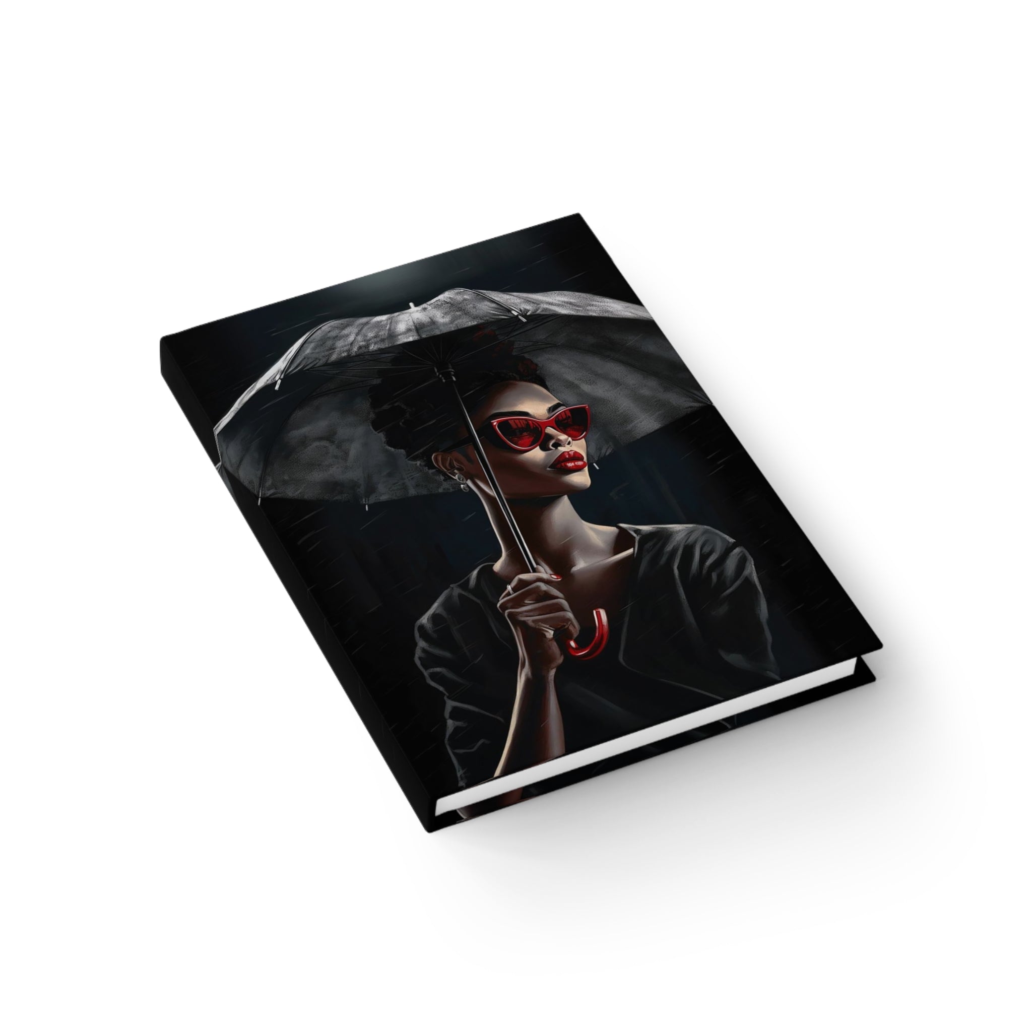 Black Woman Fashionista Journal featuring a mysterious African American woman with bold red lipstick, trendy red sunglasses, and a black umbrella in stormy weather. A stylish memory journal for fashion lovers and writers.