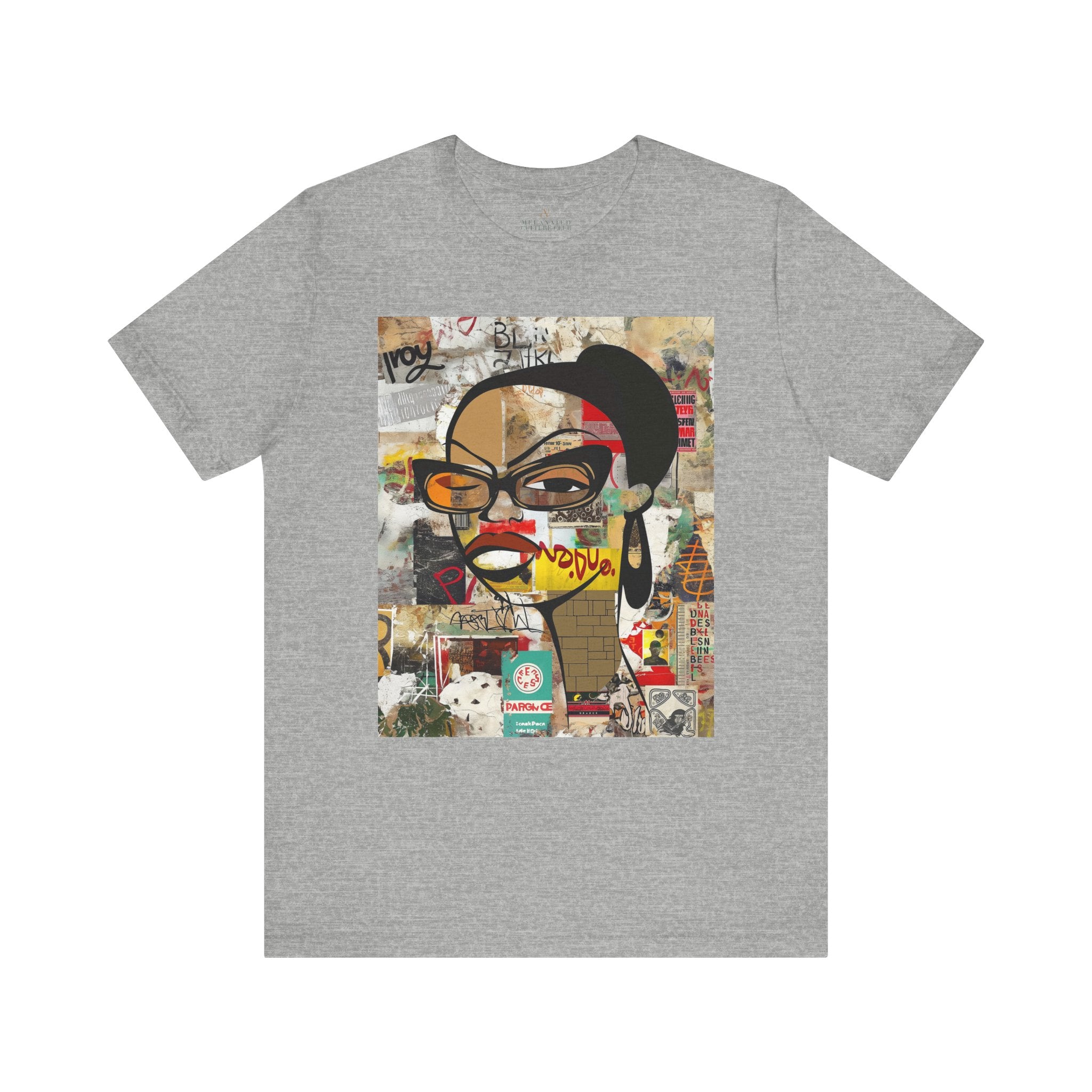 Graphic tee featuring an abstract cartoon-style illustration of a confident Black woman with stylish black-framed eyeglasses and a one-eyed inquisitive stare. The design has a bold, graffiti-inspired look that celebrates Black girl magic, attitude, and self-expression.