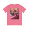 Fashionista Black Woman Tee featuring a vintage-inspired retro 50s African American lady driving a pink convertible. A stylish fly girl tee celebrating Black beauty and classic fashion.