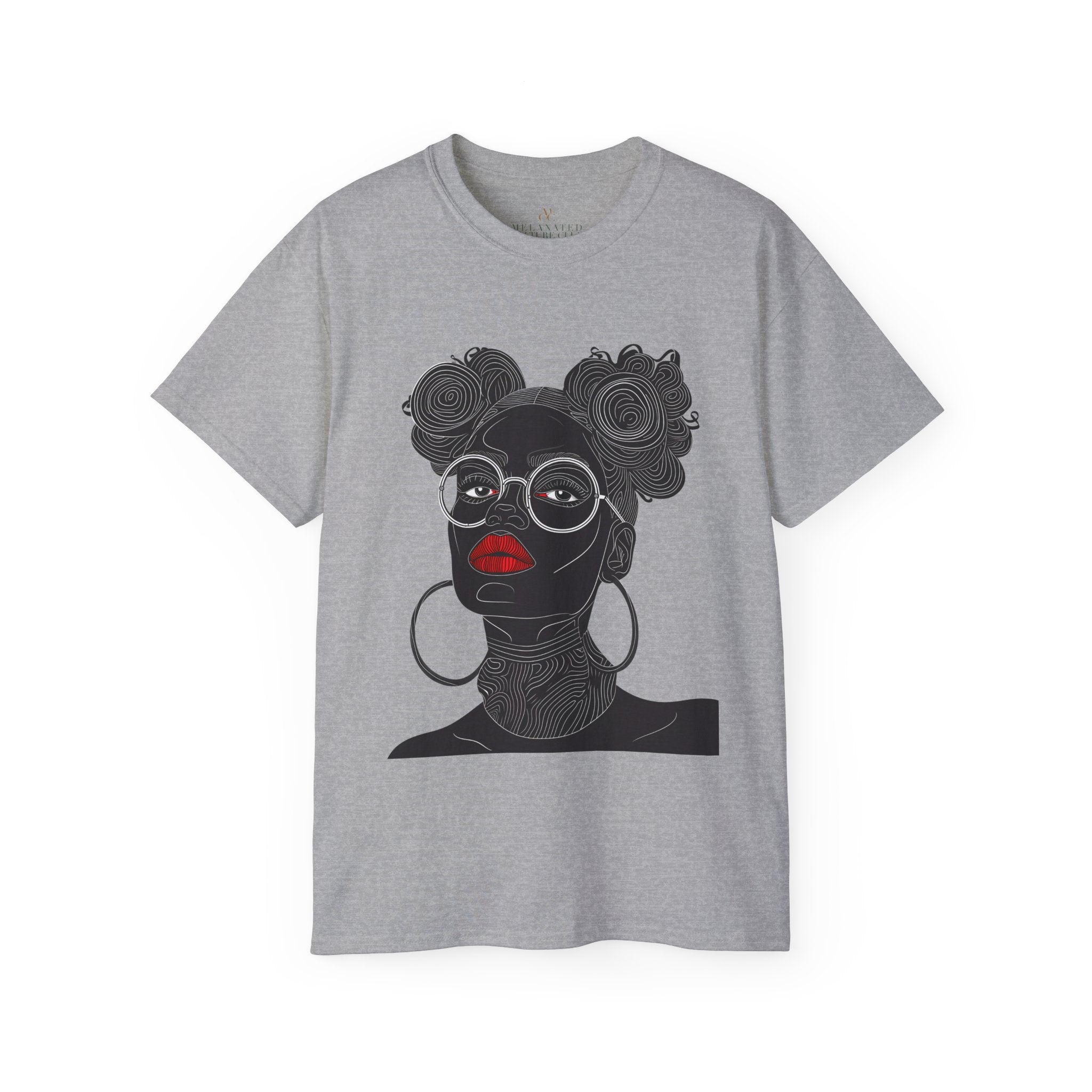 Black Girl Bantu Knots Tee Shirt featuring an Afrocentric design of a Black woman with natural hair, bold red lipstick, beautiful Black skin, and white wire-frame glasses. A stylish statement of culture and empowerment.