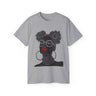 Black Girl Bantu Knots Tee Shirt featuring an Afrocentric design of a Black woman with natural hair, bold red lipstick, beautiful Black skin, and white wire-frame glasses. A stylish statement of culture and empowerment.