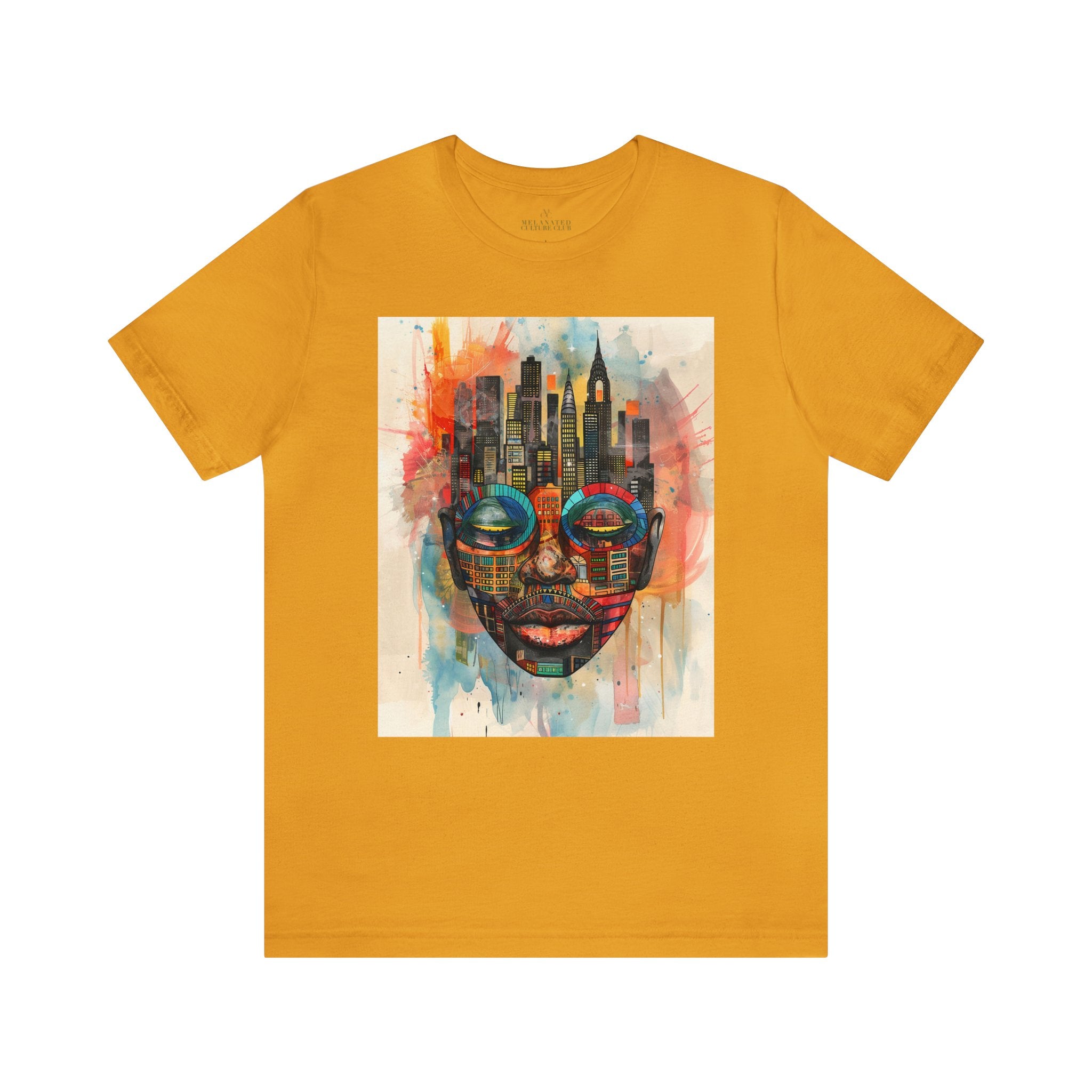 New York City Abstract African Mask Unisex Tee Shirt in mustard.