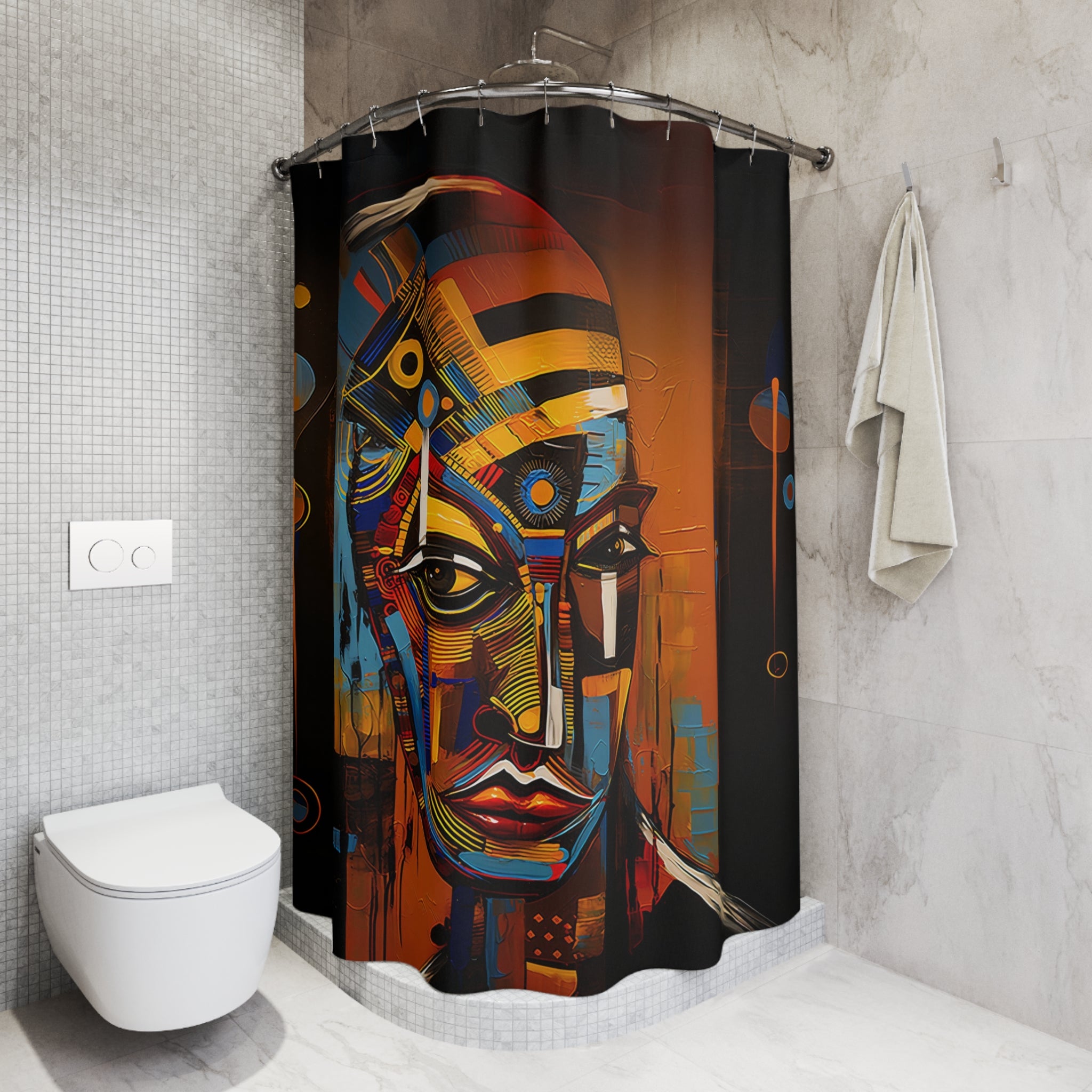 Bathroom shower curtain featuring an abstract African mask design with bold tribal patterns and Afrocentric colors, perfect for African-inspired home and bathroom decor.