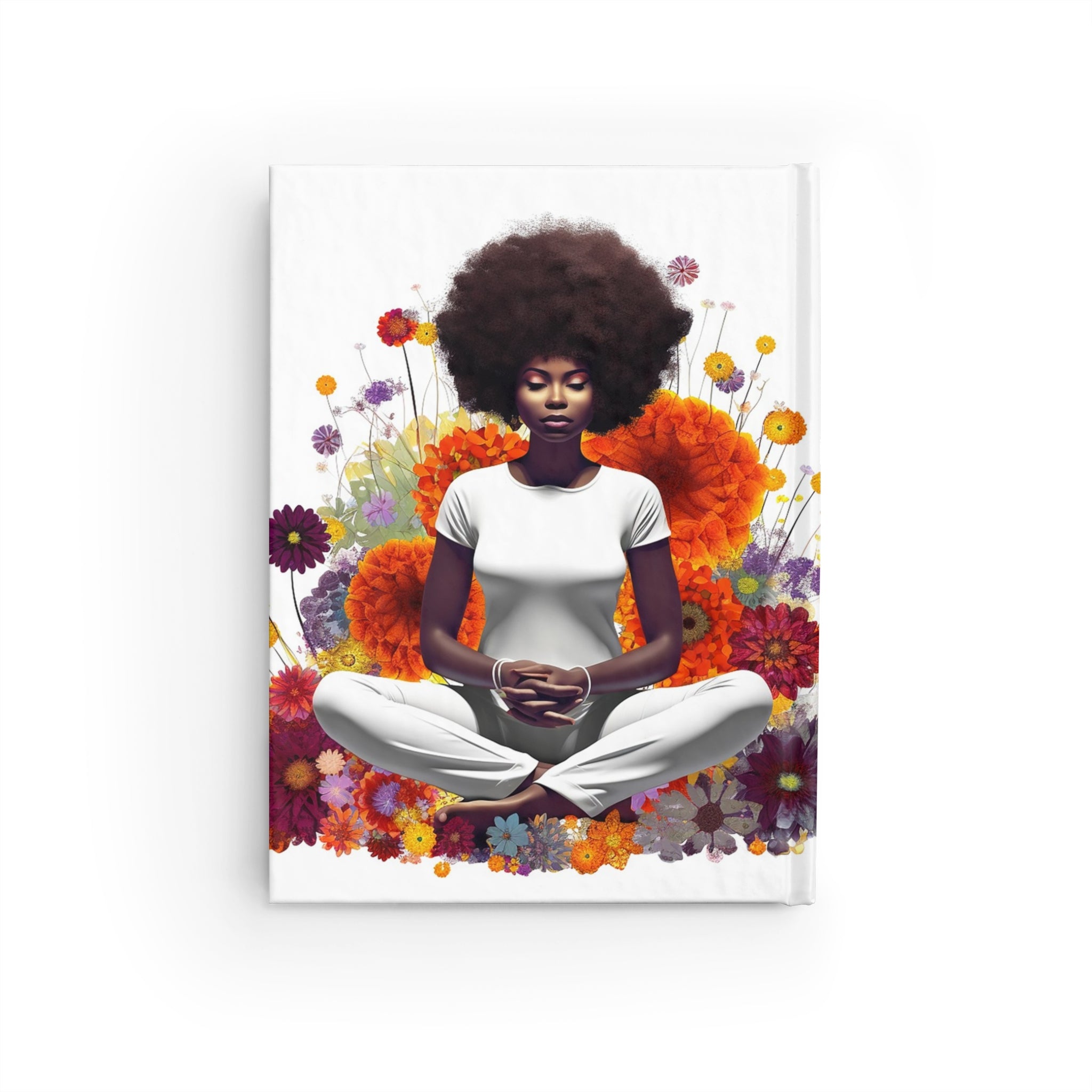 Black Woman Yoga Pose Journal featuring an African American woman meditating in a field of wildflowers. A perfect gift for yogis, wellness lovers, and mindfulness journaling.