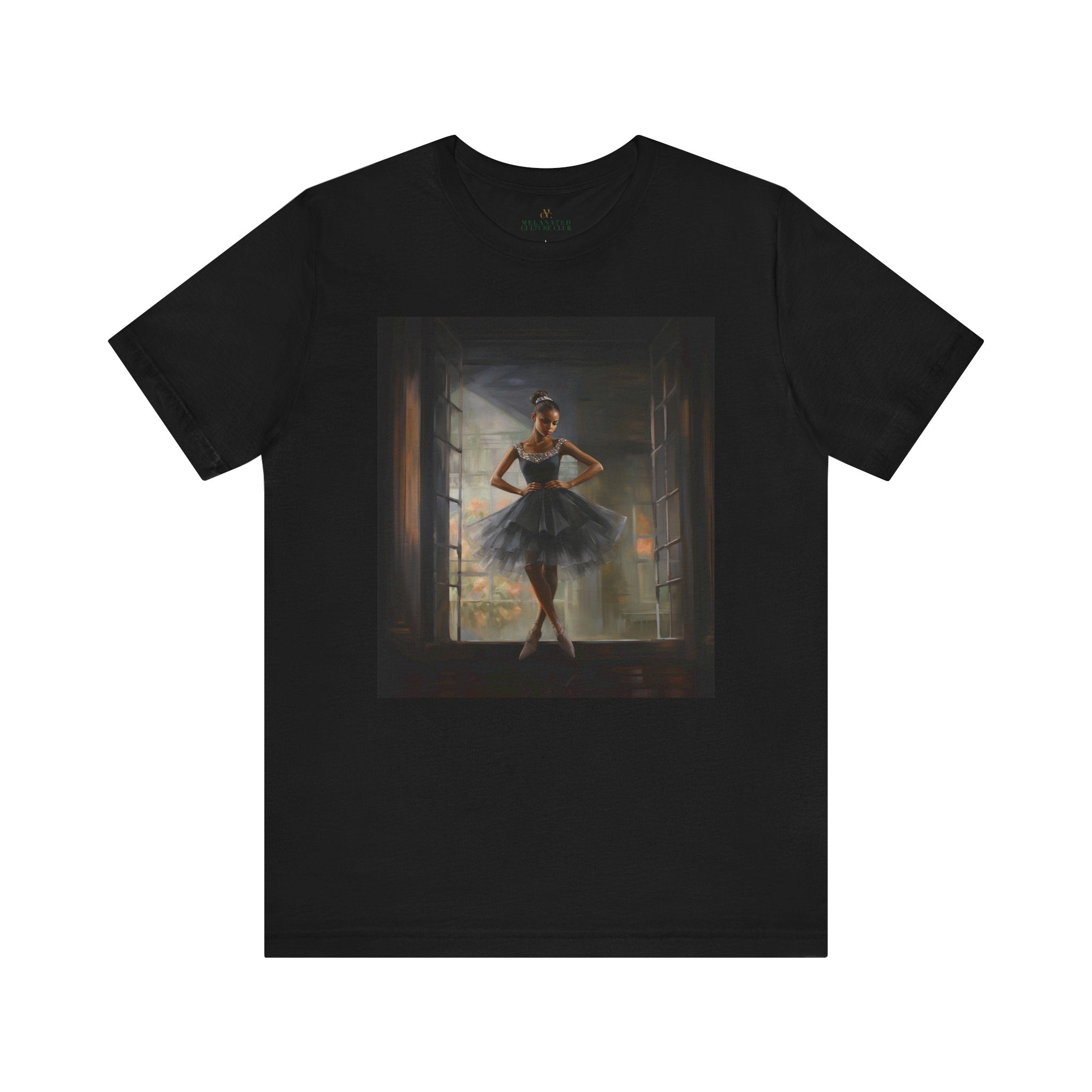 Black Ballerina Tee Shirt featuring an African American dancer, in a beautiful black tulle dress, celebrating brown skin girls in ballet. A perfect gift for ballet students, teachers, and Black girls who love to dance.
