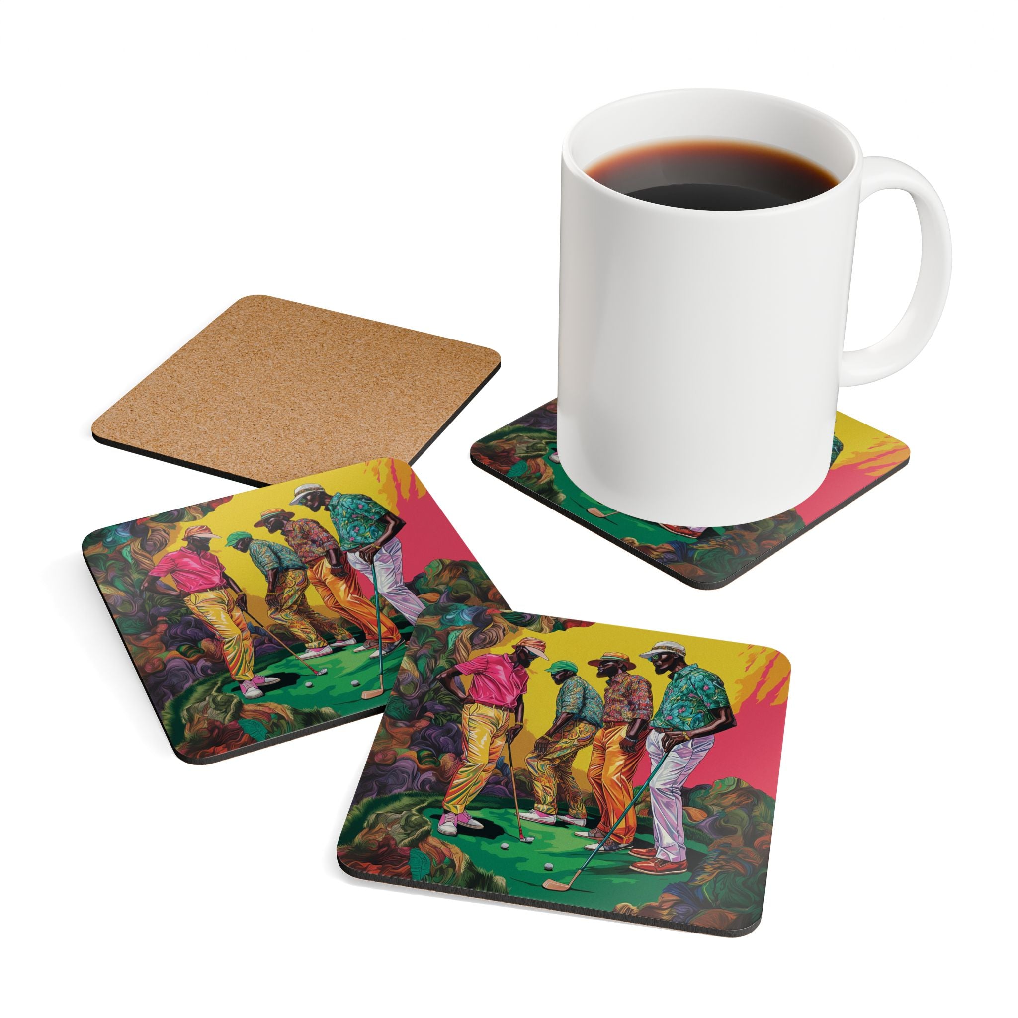 Set of 4 drink coasters featuring African American men golfers stylishly dressed in colorful golfing attire. Celebrates Black culture and is perfect as barware or a unique gift for Black men who love golf.