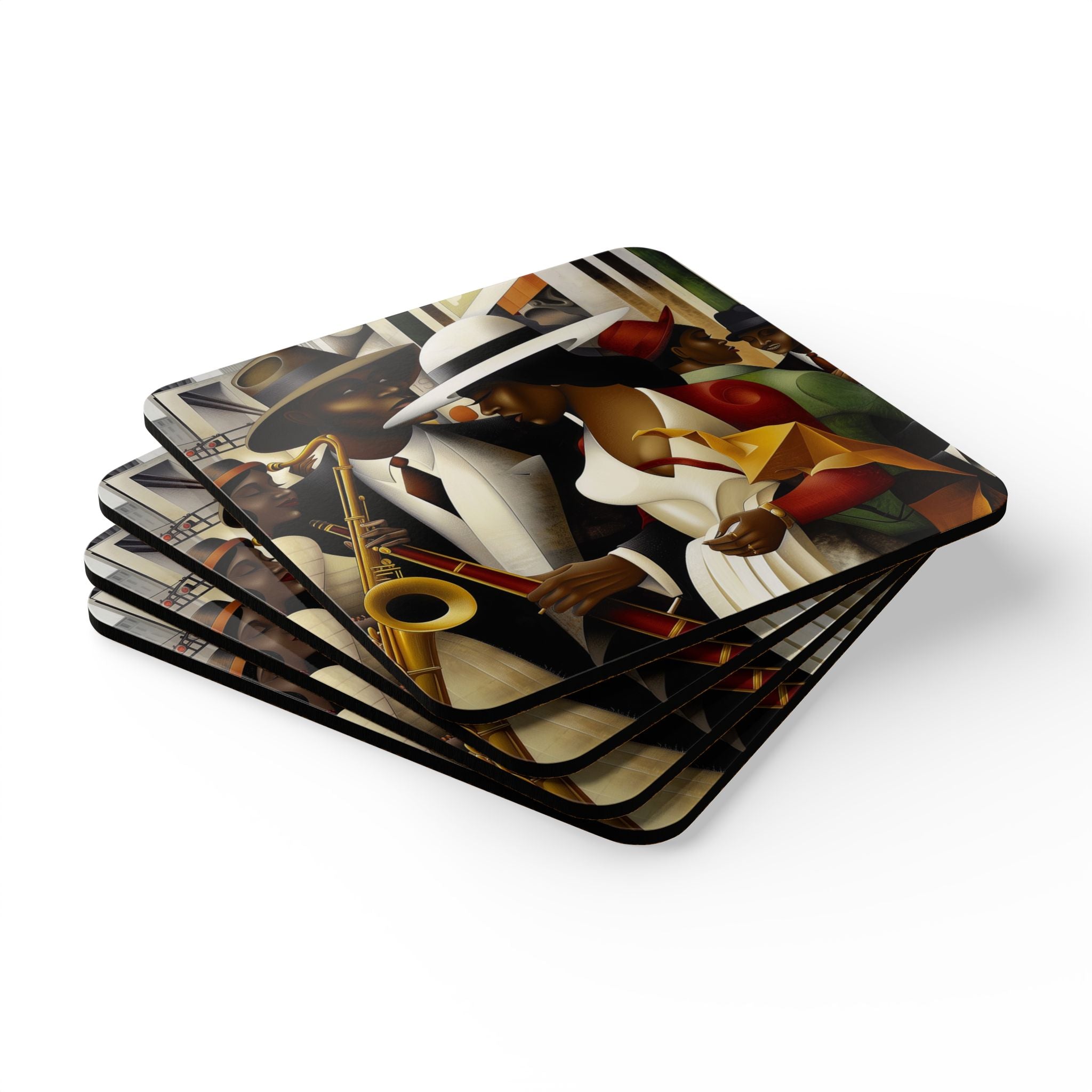 Harlem Renaissance Drink Coasters featuring African American jazz musicians in a retro Afro Bohemian art style, perfect for cultural barware or home decor