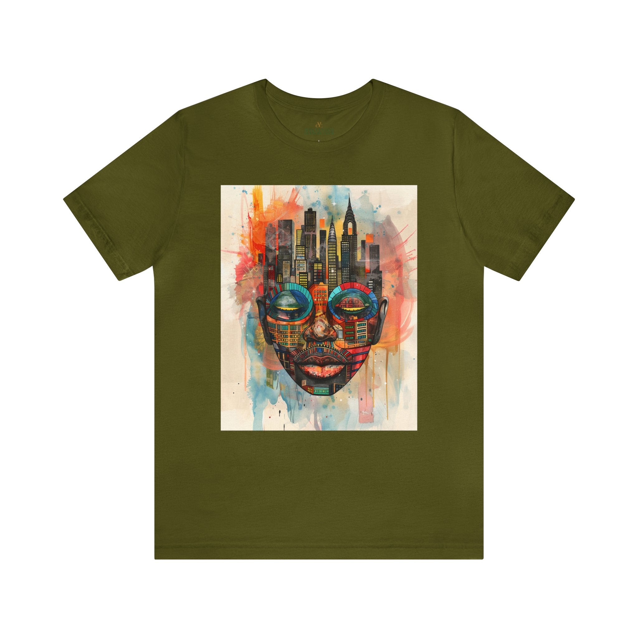 New York City Abstract African Mask Unisex Tee Shirt in olive.