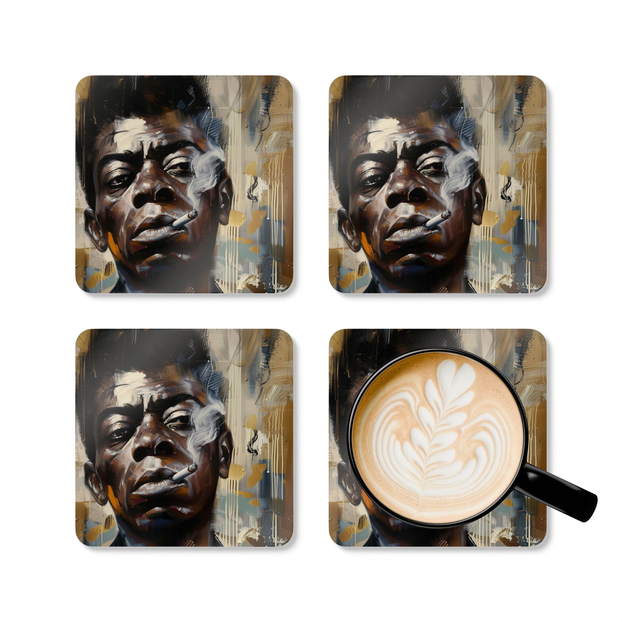 Set of 4 James Baldwin Drink Coasters featuring Afrocentric art portraits of the iconic African American writer and civil rights leader.