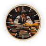 Black Man Law Student Round Wall Clock featuring an African American male scholar studying in a library setting. Afrocentric wall art symbolizing education, focus, and academic excellence.