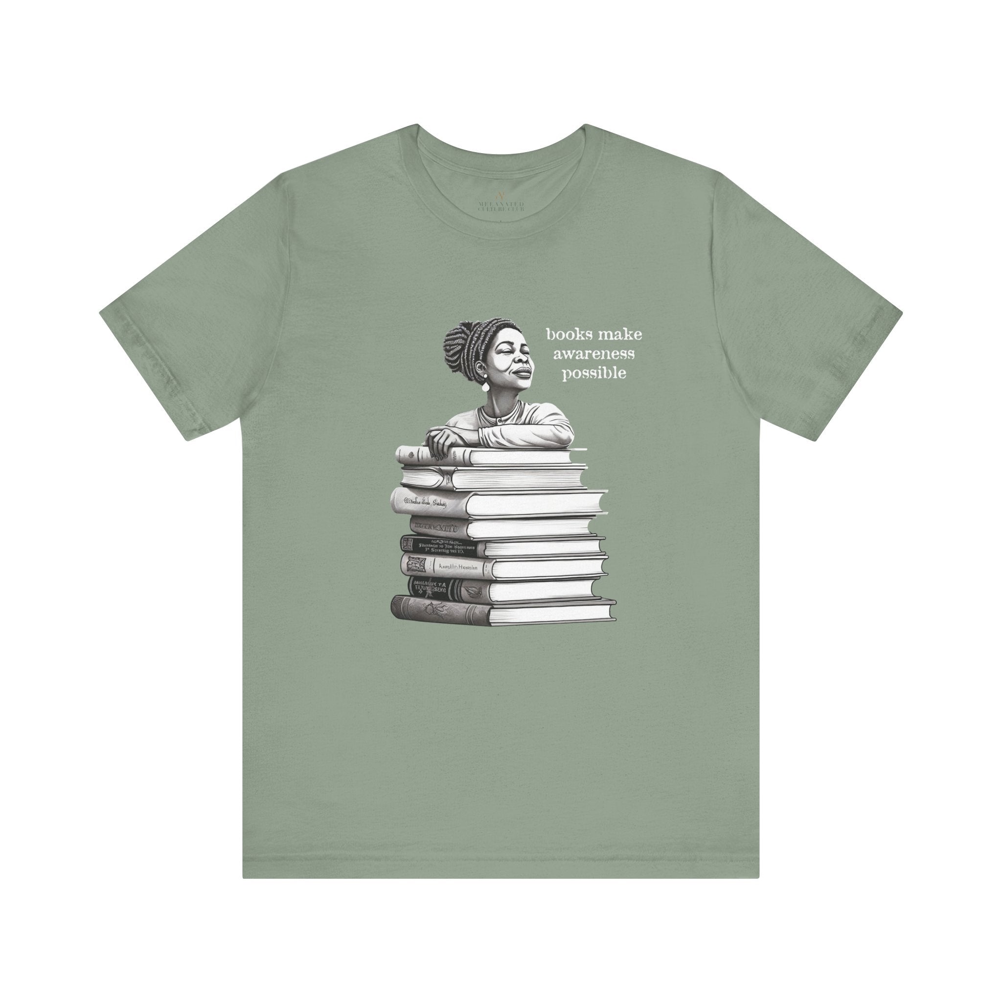 Black Woman Reading Books Tee Shirt in sage.