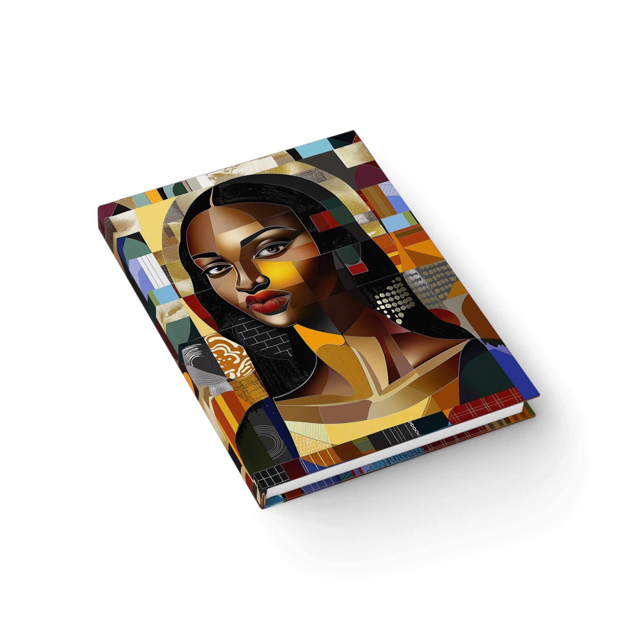 Black Mona Lisa Journal featuring an abstract pop art design of an iconic beautiful, majestic woman. Perfect for writers, artists, and creatives who celebrate Black beauty and culture.