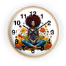Black Female Yoga Round Wall Clock featuring an Afrocentric woman in meditation pose. Modern Yogi art clock for yoga studio, spa, or peaceful home decor.