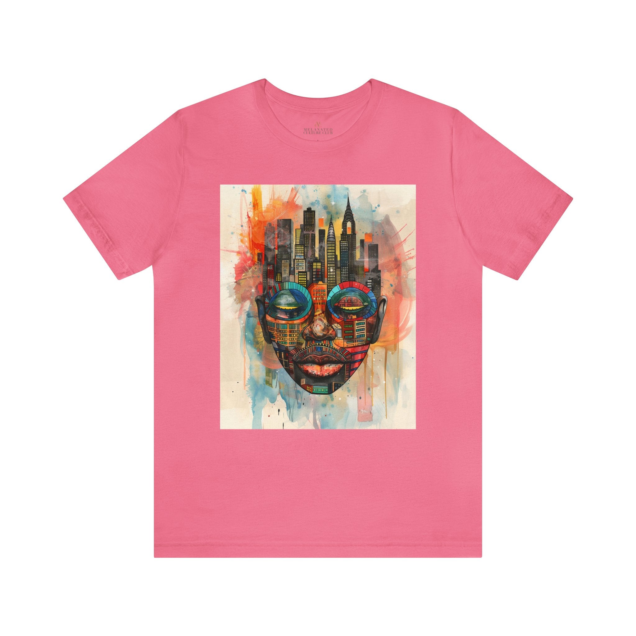 New York City Abstract African Mask Unisex Tee Shirt in pink.