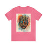 New York City Abstract African Mask Unisex Tee Shirt in pink.