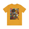 Black Woman Roller Skater Tee featuring a retro-style design with a big Afro, skating through a field of psychedelic colorful wildflowers. A bold Afrocentric tee perfect for roller derby teams and vintage fashion lovers.
