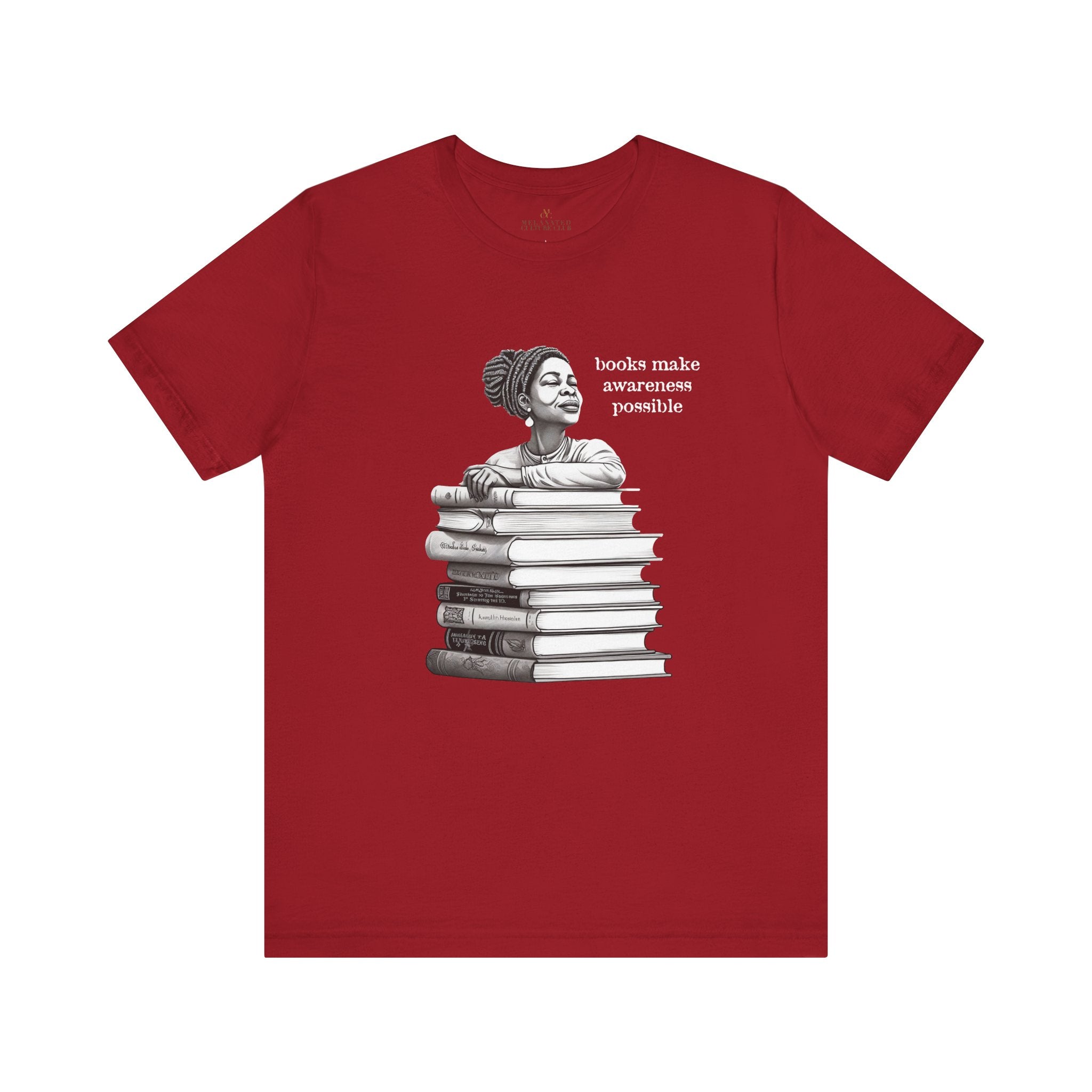 Black Woman Reading Books Tee Shirt in red.