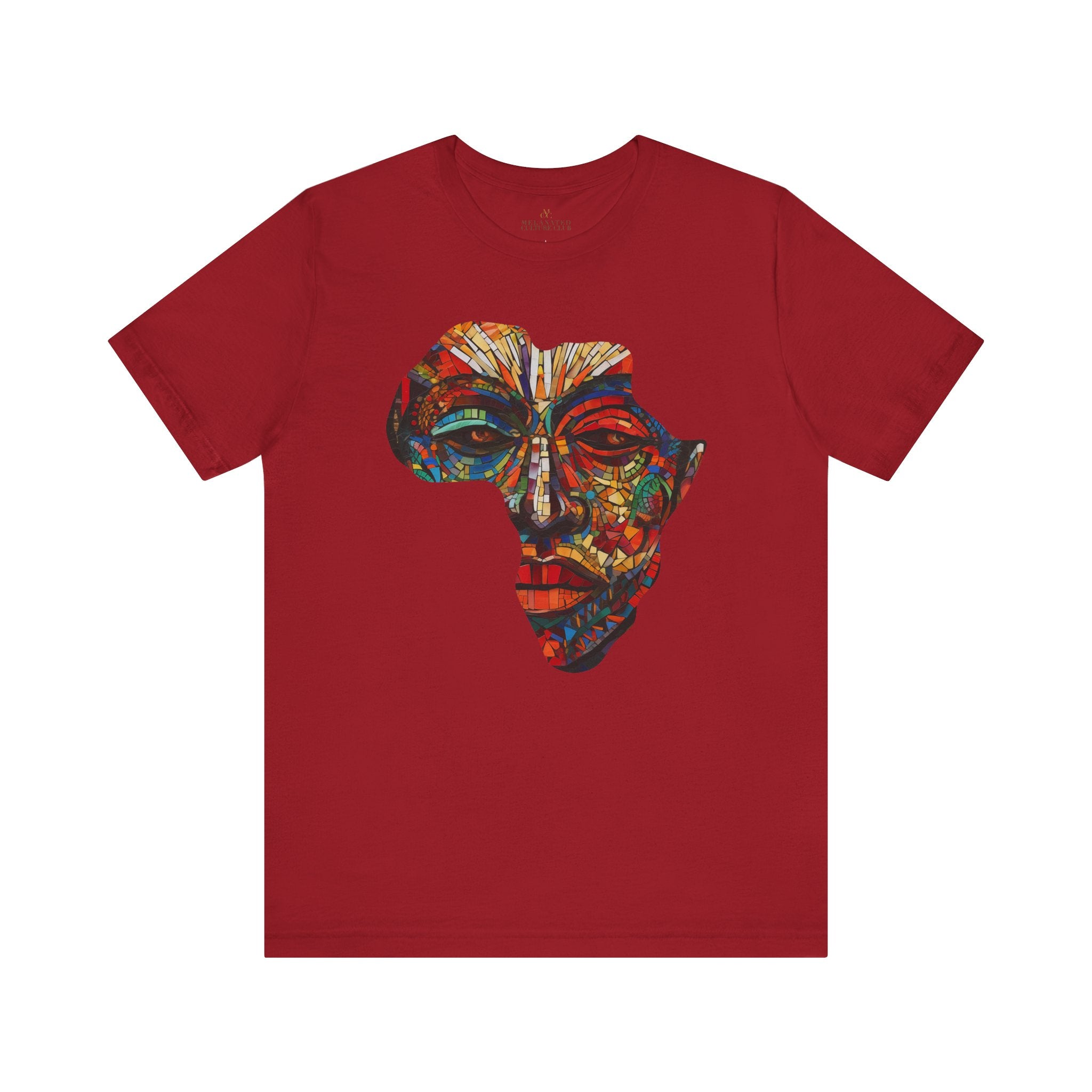 Continent of Africa Tee Shirt featuring an abstract African mask within a mosaic-style Africa map. A bold Afrocentric top celebrating Black culture, heritage, and identity, perfect for unique gifting.