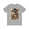 Black Cowboy Tee featuring an edgy African American cowboy with a challenging gaze, smoking a cigarette and drinking whiskey. A pop art, graffiti-inspired collage blending Western grit with urban street style.