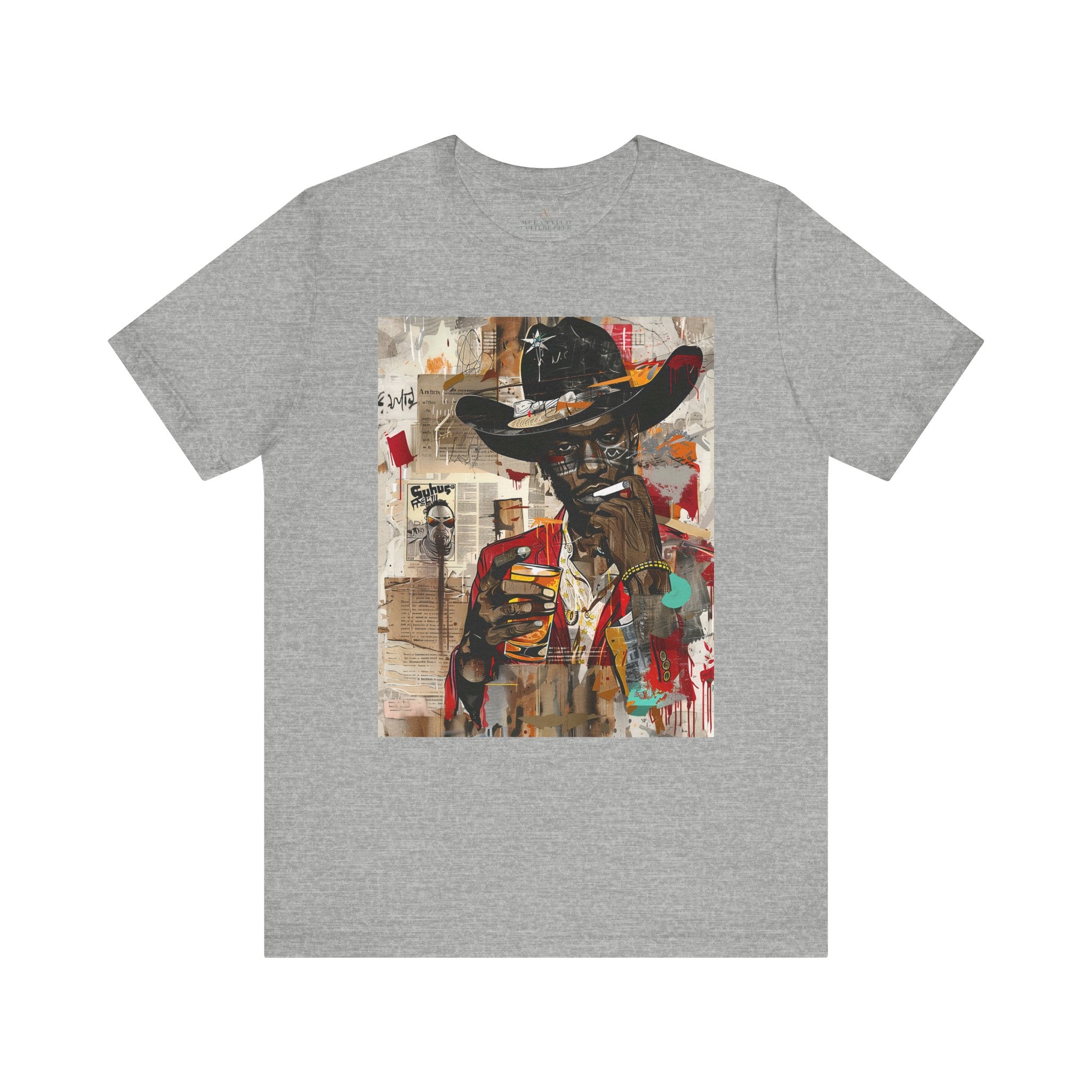 Black Cowboy Tee featuring an edgy African American cowboy with a challenging gaze, smoking a cigarette and drinking whiskey. A pop art, graffiti-inspired collage blending Western grit with urban street style.