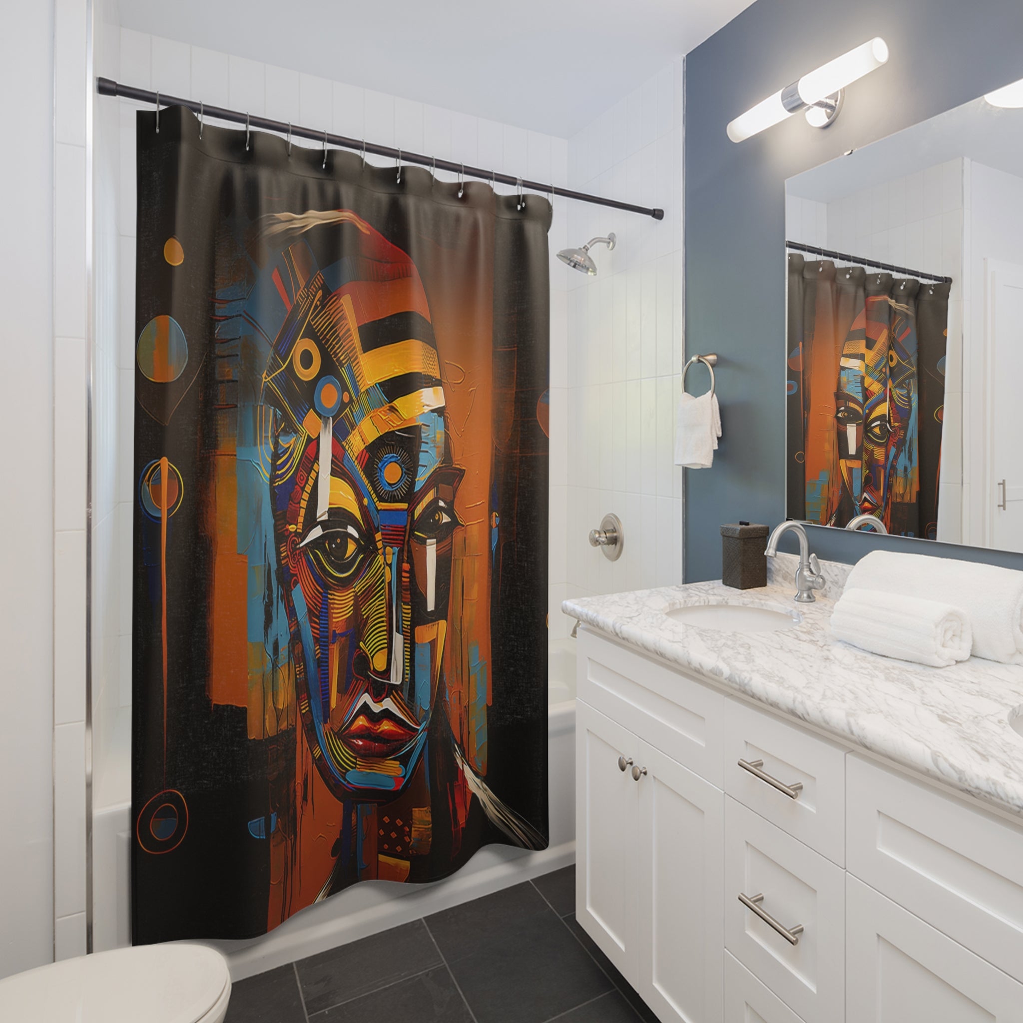 Bathroom shower curtain featuring an abstract African mask design with bold tribal patterns and Afrocentric colors, perfect for African-inspired home and bathroom decor.
