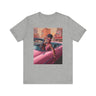 Fashionista Black Woman Tee featuring a vintage-inspired retro 50s African American lady driving a pink convertible. A stylish fly girl tee celebrating Black beauty and classic fashion.