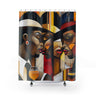 Harlem Era Bathroom Shower Curtain featuring stylish Black fashionistas from the Ladies and Gents collection, inspired by Harlem art, Bauhaus, and pop art design.