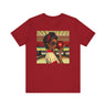Black Woman Bowling Tee featuring a fashionista with a vintage-inspired 50s hairstyle, dark sunglasses, and a red bowling ball. A stylish sports league tee perfect for bowling enthusiasts and retro fashion lovers.