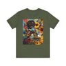 Black Woman Roller Skater Tee featuring a retro-style design with a big Afro, skating through a field of psychedelic colorful wildflowers. A bold Afrocentric tee perfect for roller derby teams and vintage fashion lovers.