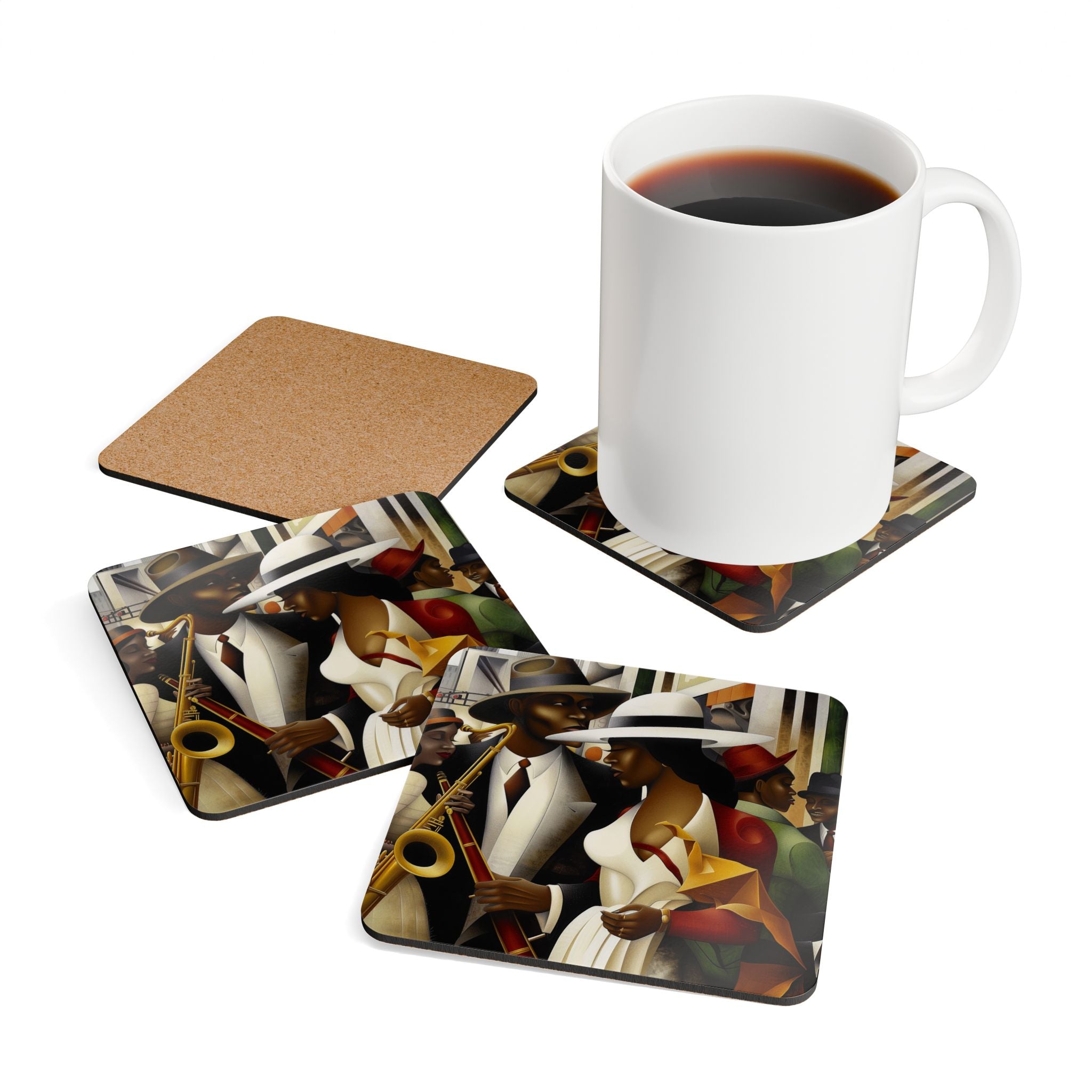 Harlem Renaissance Drink Coasters featuring African American jazz musicians in a retro Afro Bohemian art style, perfect for cultural barware or home decor