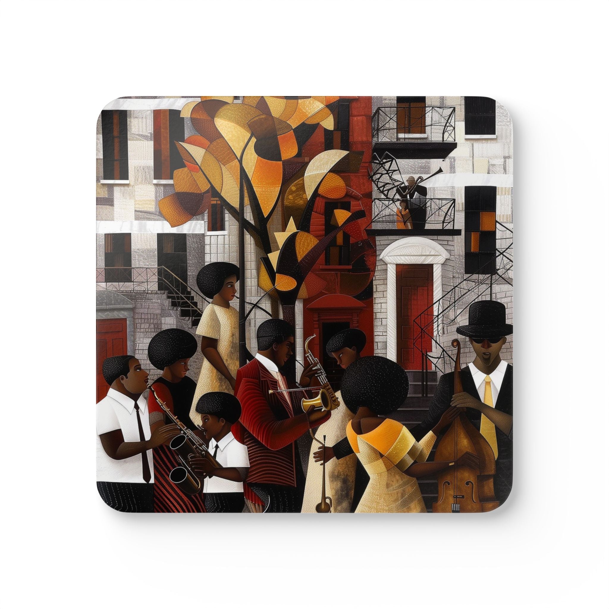 Harlem Jazz Musicians Drink Coasters – Abstract retro vintage art set inspired by jazz culture and Harlem Renaissance, perfect barware gift and Afrocentric beverage accessory.