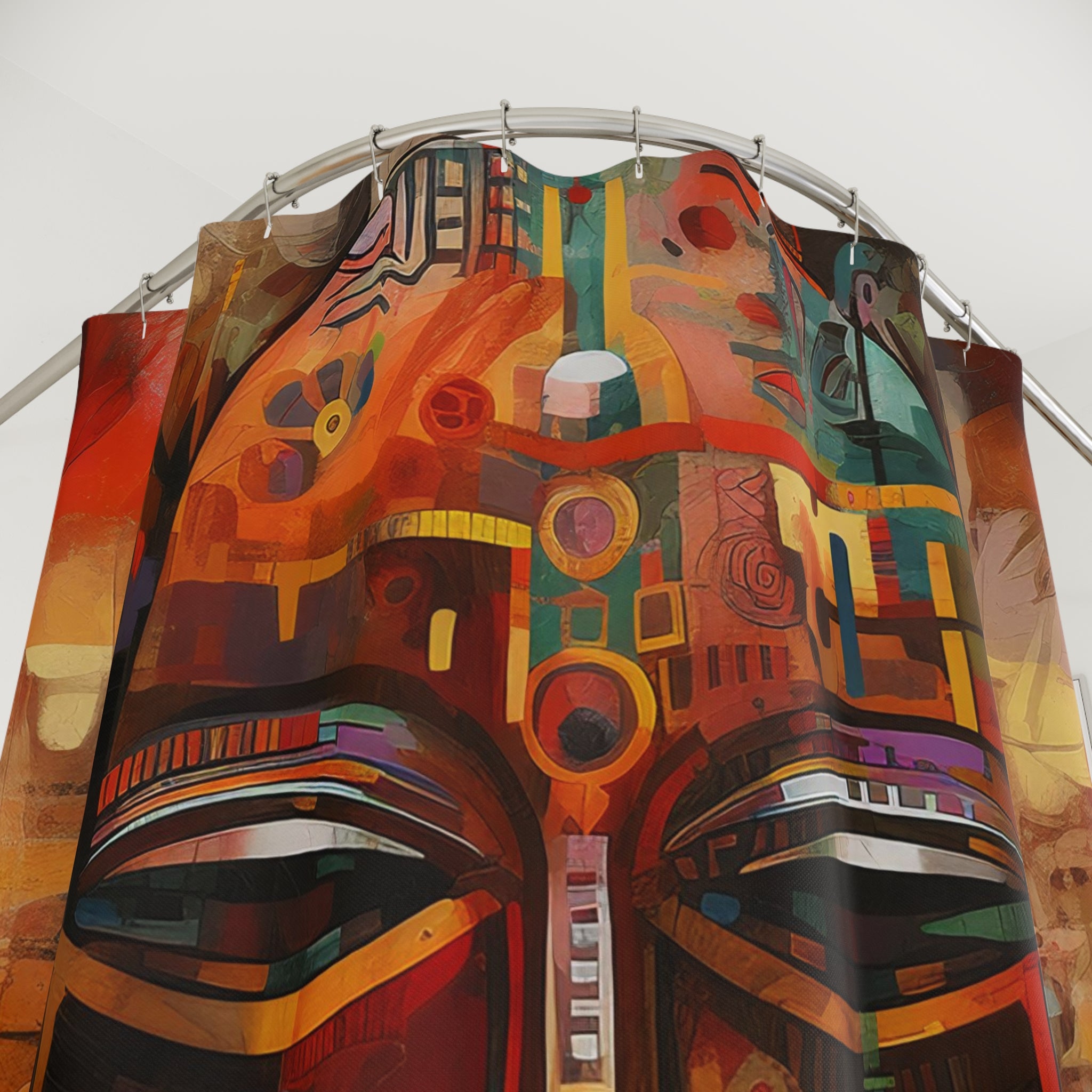 Bathroom shower curtain featuring an abstract African mask design with bold Afrocentric patterns, ideal for African-inspired home decor.