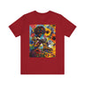 Black Woman Roller Skater Tee featuring a retro-style design with a big Afro, skating through a field of psychedelic colorful wildflowers. A bold Afrocentric tee perfect for roller derby teams and vintage fashion lovers.