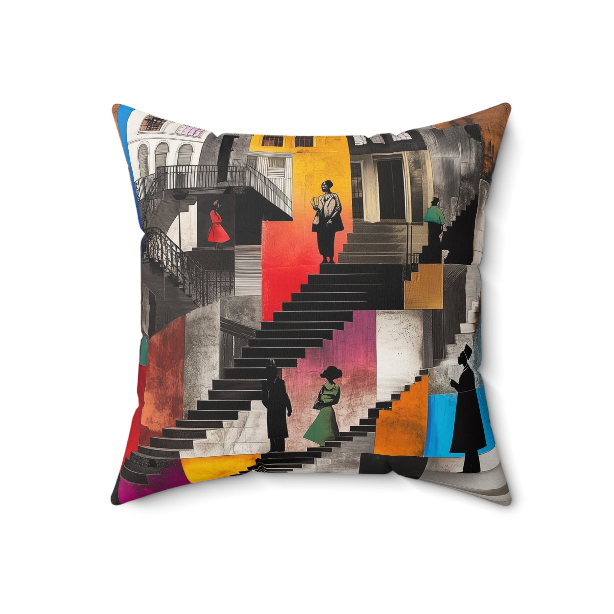 Harlem Neighborhood Faux Suede Square Pillow featuring abstract Black figures sitting on exaggerated brownstone stoops, capturing Harlem life and Afrocentric home style.