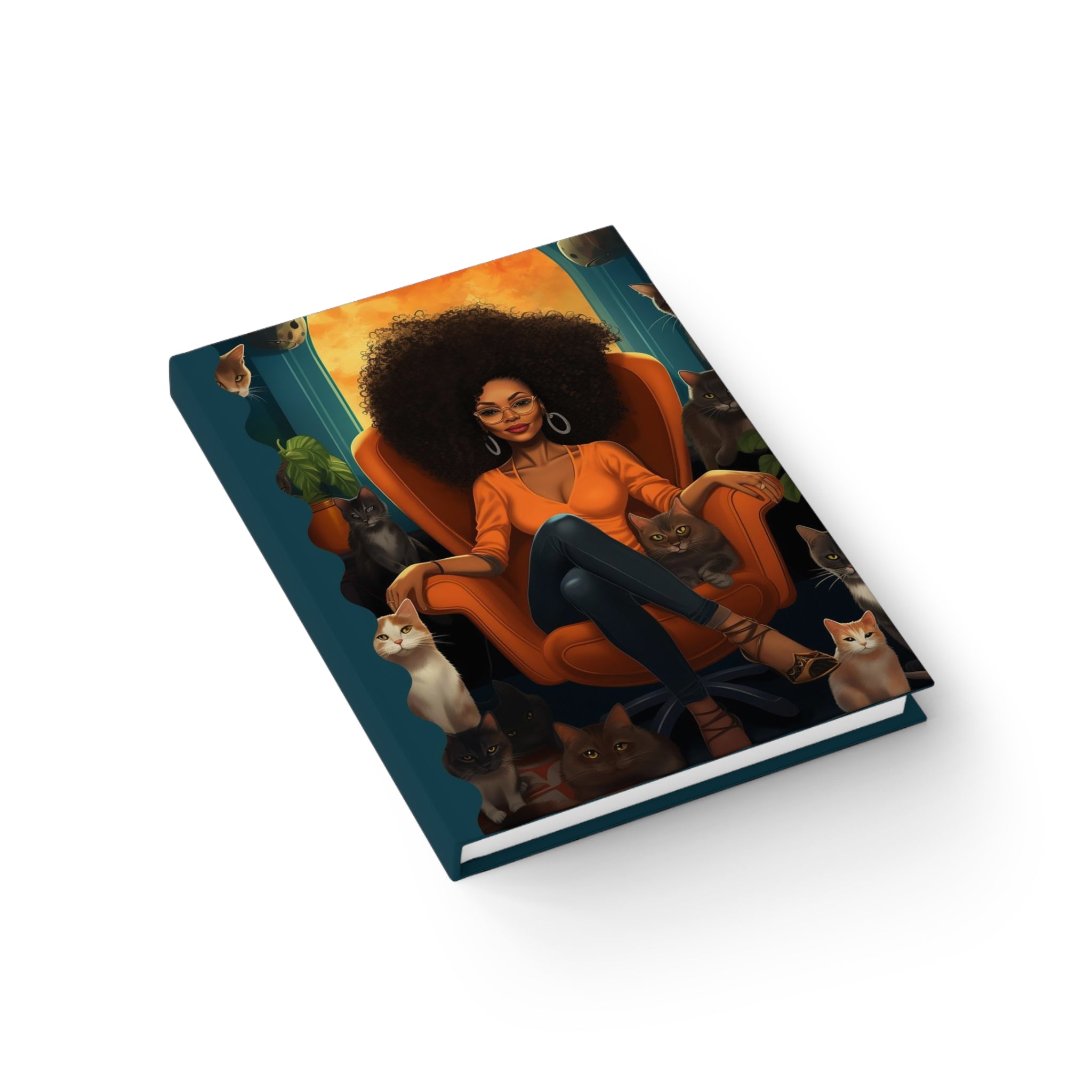 Black Woman Cat Lady Journal featuring an African American woman with big, beautiful Afro hair and her feline companions. A stylish writing journal perfect for cat moms, writers, and lovers of cats.