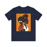 Two Black Women silhouette wearing fashionable eyewear on an orange background, featured on an Afrocentric unisex tee shirt