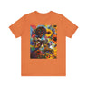 Black Woman Roller Skater Tee featuring a retro-style design with a big Afro, skating through a field of psychedelic colorful wildflowers. A bold Afrocentric tee perfect for roller derby teams and vintage fashion lovers.