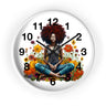 Black Female Yoga Round Wall Clock featuring an Afrocentric woman in meditation pose. Modern Yogi art clock for yoga studio, spa, or peaceful home decor.