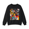Black Women Collage Art Sweatshirt featuring a vibrant multidimensional “Soul Sister” pop art design in bold colors, Afrocentric graphic crewneck celebrating cultural pride and heritage.