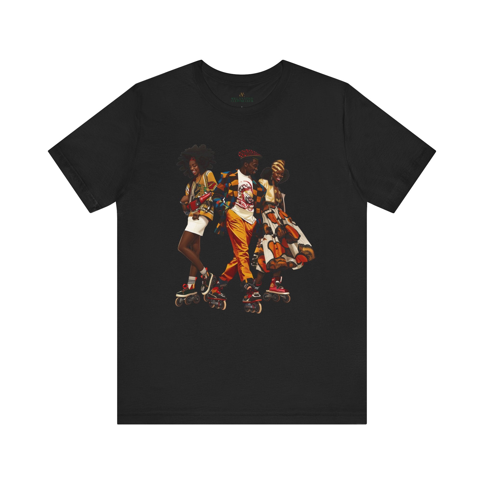 Black Roller Skaters Hip Hop Tee Shirt featuring a stylish Black man and women roller skating in vibrant Afrocentric streetwear; adult unisex top celebrating Black culture, retro skating vibes, and urban fashion.