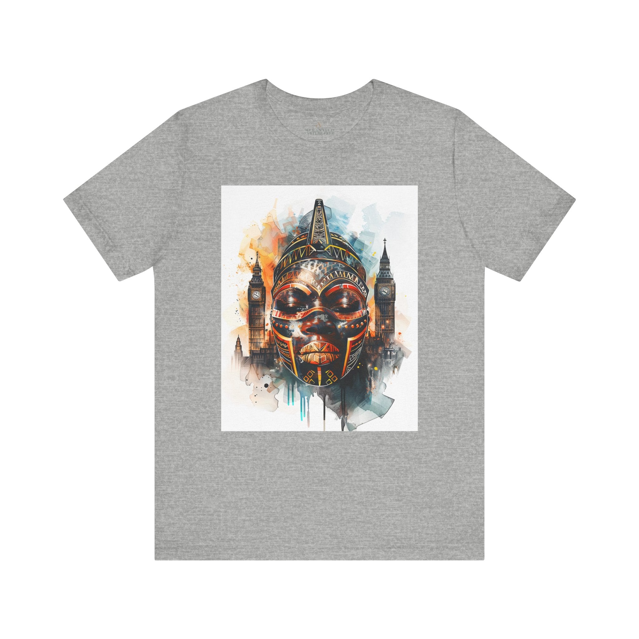 London Abstract African Mask Tee Shirt in athletic grey..