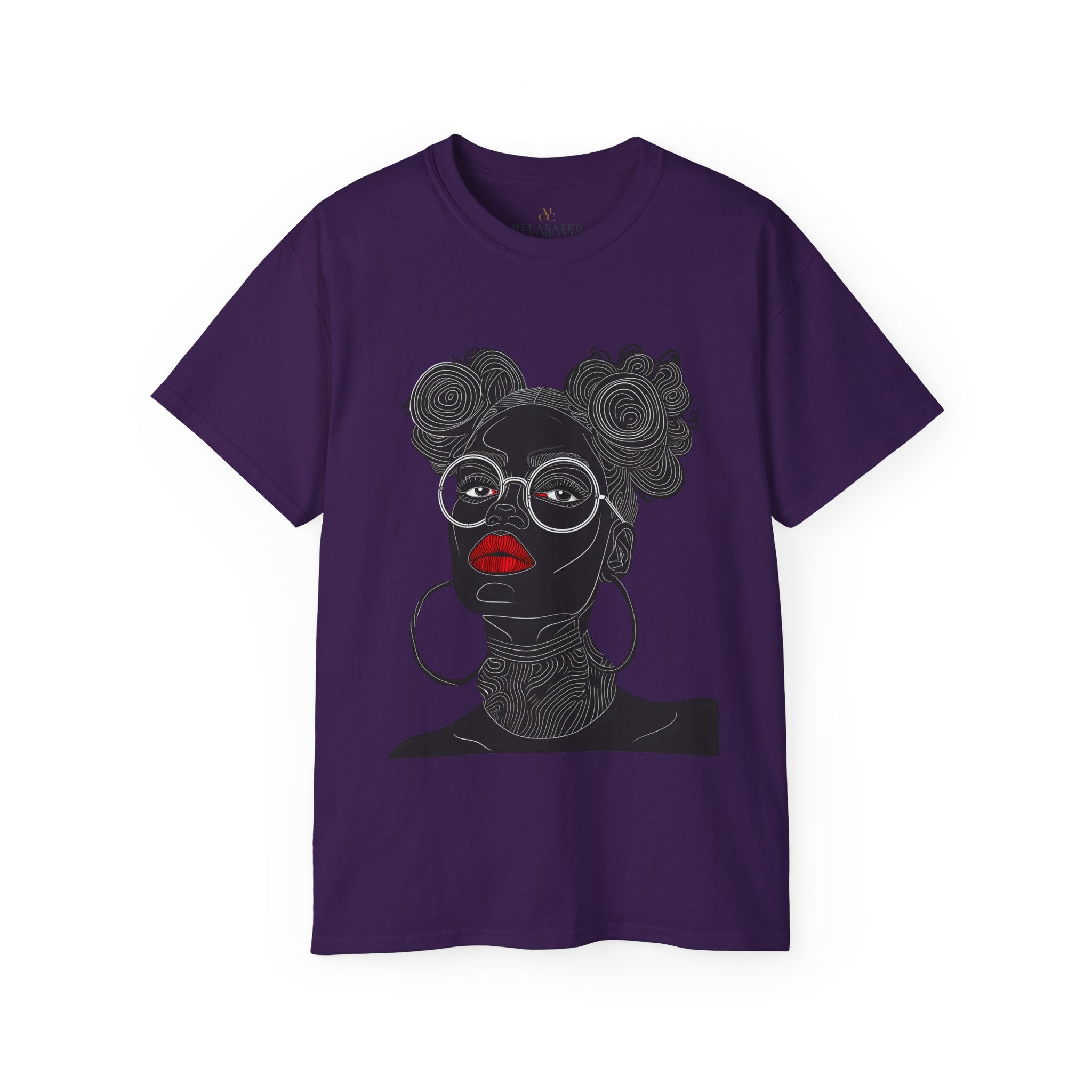 Black Girl Bantu Knots Tee Shirt featuring an Afrocentric design of a Black woman with natural hair, bold red lipstick, beautiful Black skin, and white wire-frame glasses. A stylish statement of culture and empowerment.