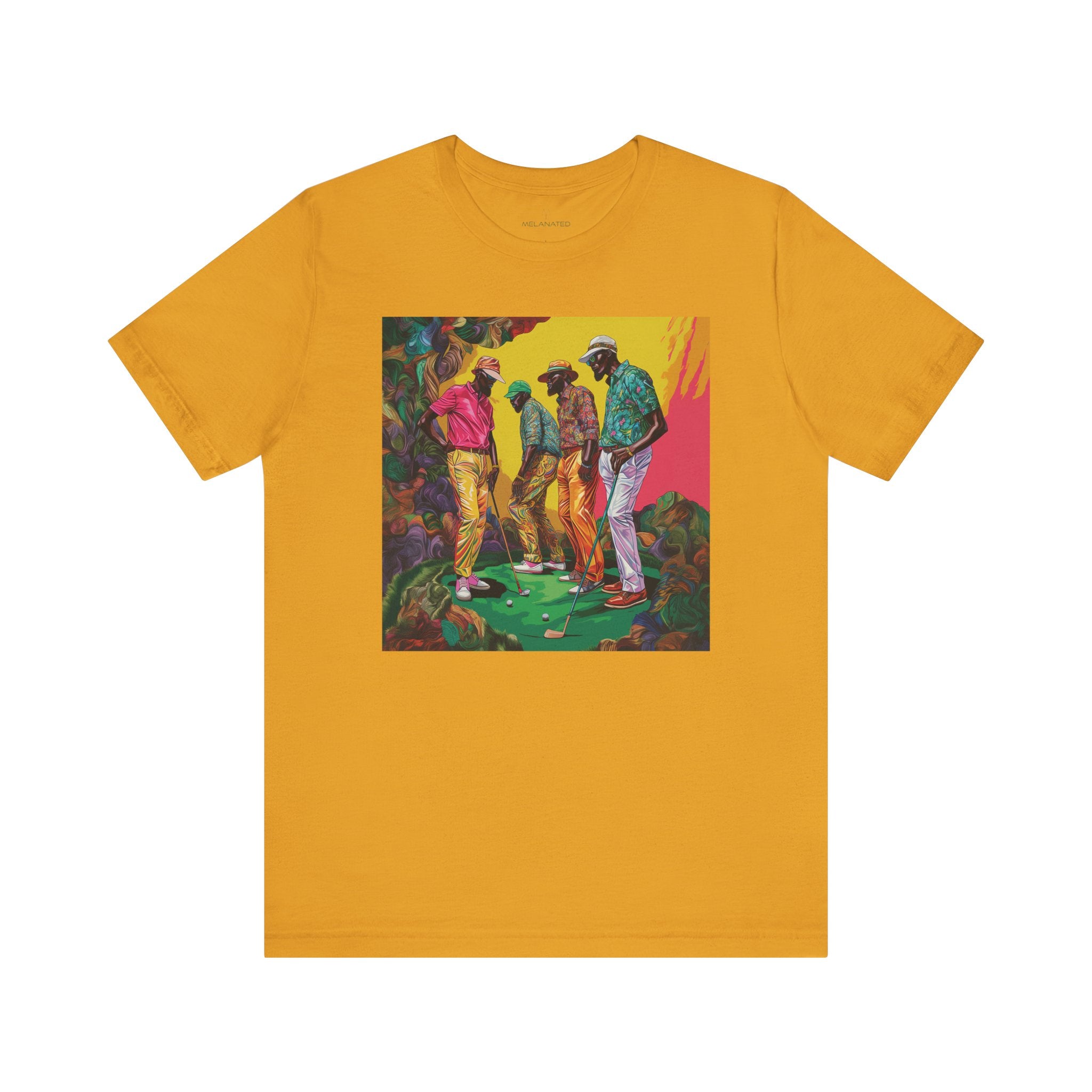 Black Men Golfers Tee Shirt featuring vibrant, colorful golf-inspired design. Perfect golfing attire for African American men who love the sport and celebrate Black culture in golf.