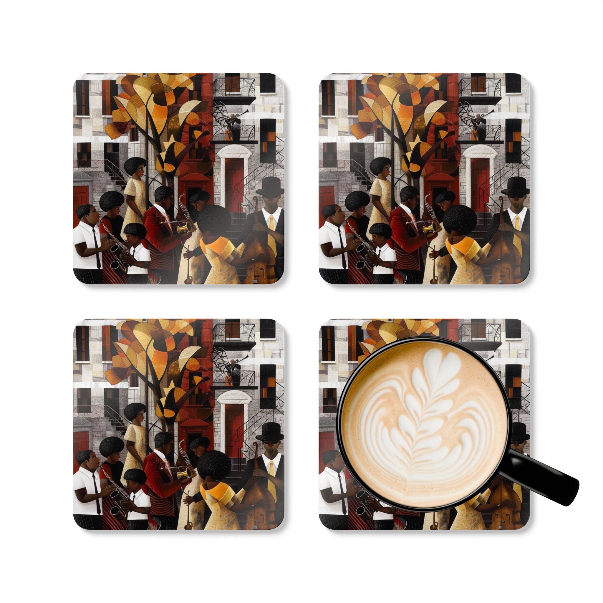 Harlem Jazz Musicians Drink Coasters – Abstract retro vintage art set inspired by jazz culture and Harlem Renaissance, perfect barware gift and Afrocentric beverage accessory.