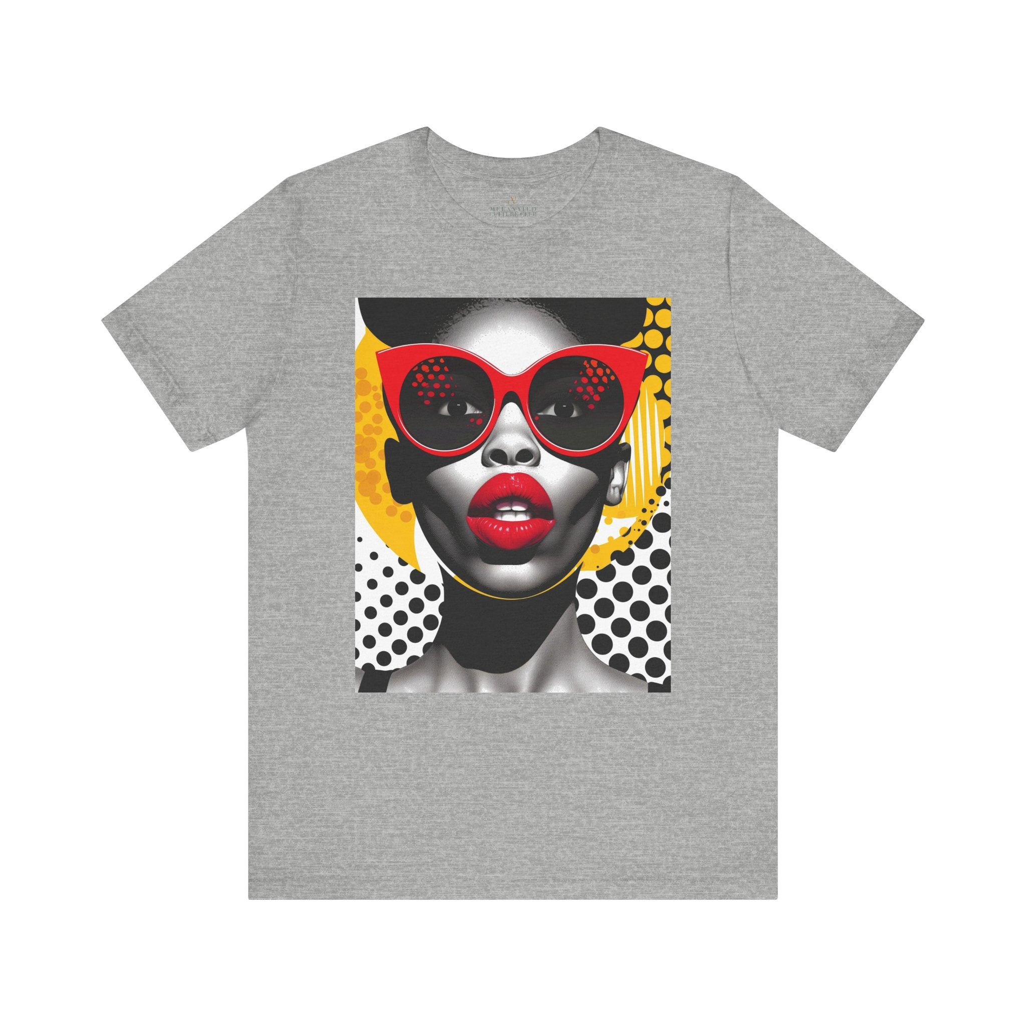 Black Woman Shock Pop Art Tee Shirt featuring an Afrocentric retro comic style illustration of a surprised Black woman. Bold psychedelic colors and vintage streetwear design celebrating African American fashion and expressive art.