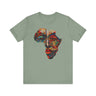 Continent of Africa Tee Shirt featuring an abstract African mask within a mosaic-style Africa map. A bold Afrocentric top celebrating Black culture, heritage, and identity, perfect for unique gifting.
