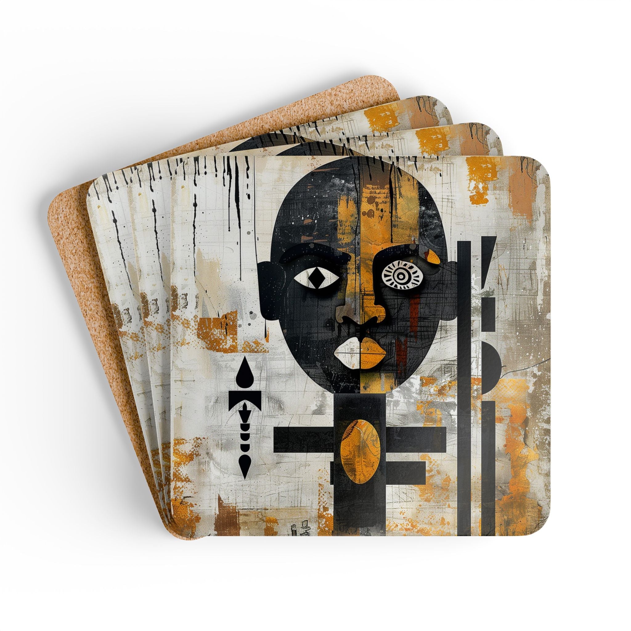 Afrocentric Drink Coasters with Abstract African Mask Art in a bold Afro Bauhaus and Boho design, colorful cultural beverage accessories.