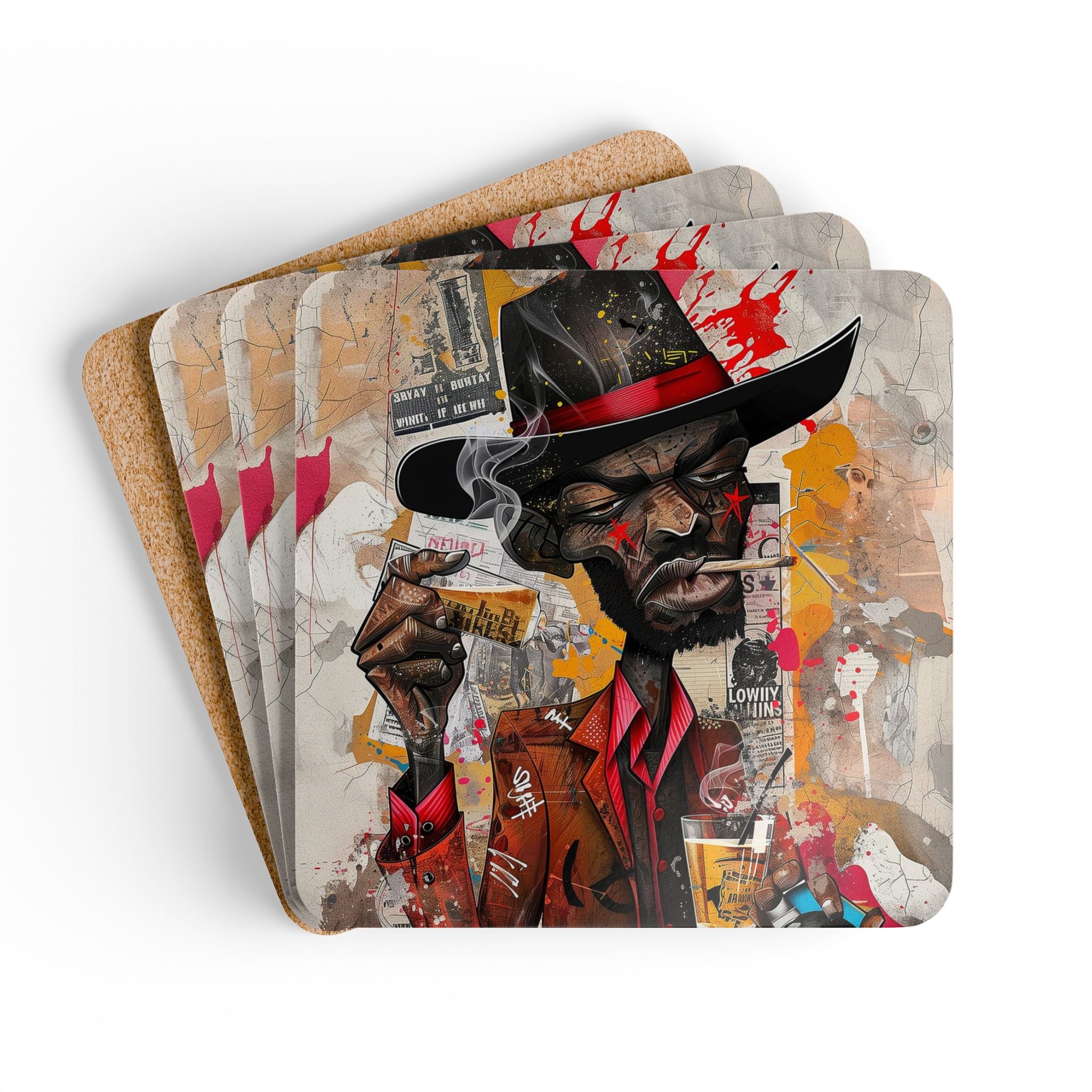 Drink Coasters featuring an African American cowboy in graffiti pop art style with cartoon elements—bold, Afrocentric barware decor set of coasters.
